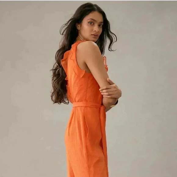 NWT Anthropologie Hutch Ruffle Trim Metallic Orange Tie Wrap Jumpsuit Size 6 - Picture 5 of 6